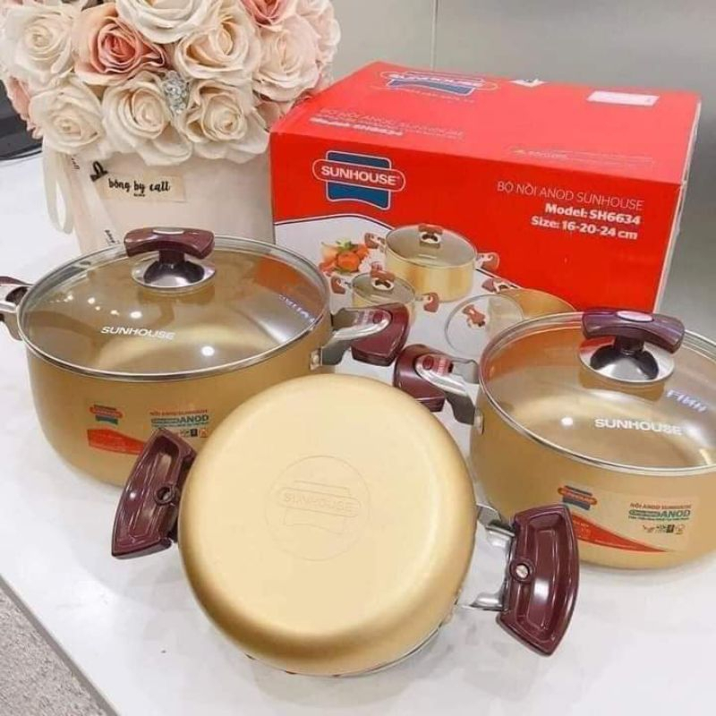 Bộ Nồi Anod Sunhouse Chất Liệu Nhôm Dùng Bếp Gas Bếp Hồng Ngoại Bền đẹp