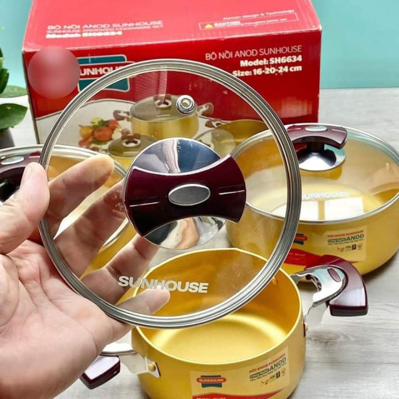 Bộ Nồi Anod Sunhouse Chất Liệu Nhôm Dùng Bếp Gas Bếp Hồng Ngoại Bền đẹp