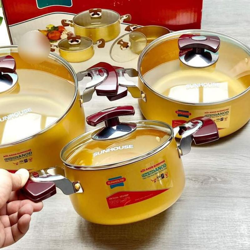 Bộ Nồi Anod Sunhouse Chất Liệu Nhôm Dùng Bếp Gas Bếp Hồng Ngoại Bền đẹp