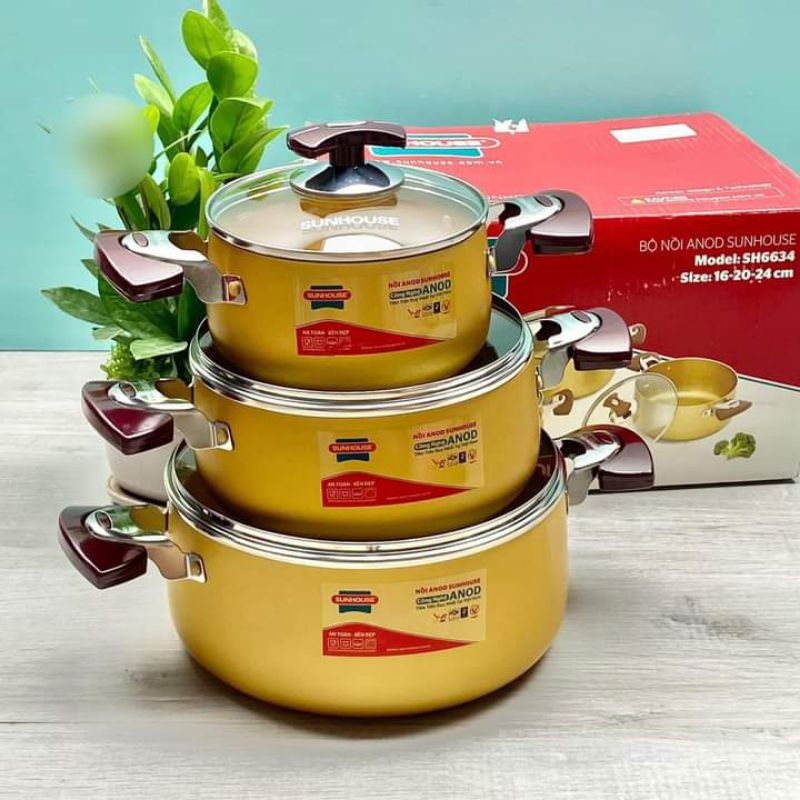 Bộ Nồi Anod Sunhouse Chất Liệu Nhôm Dùng Bếp Gas Bếp Hồng Ngoại Bền đẹp