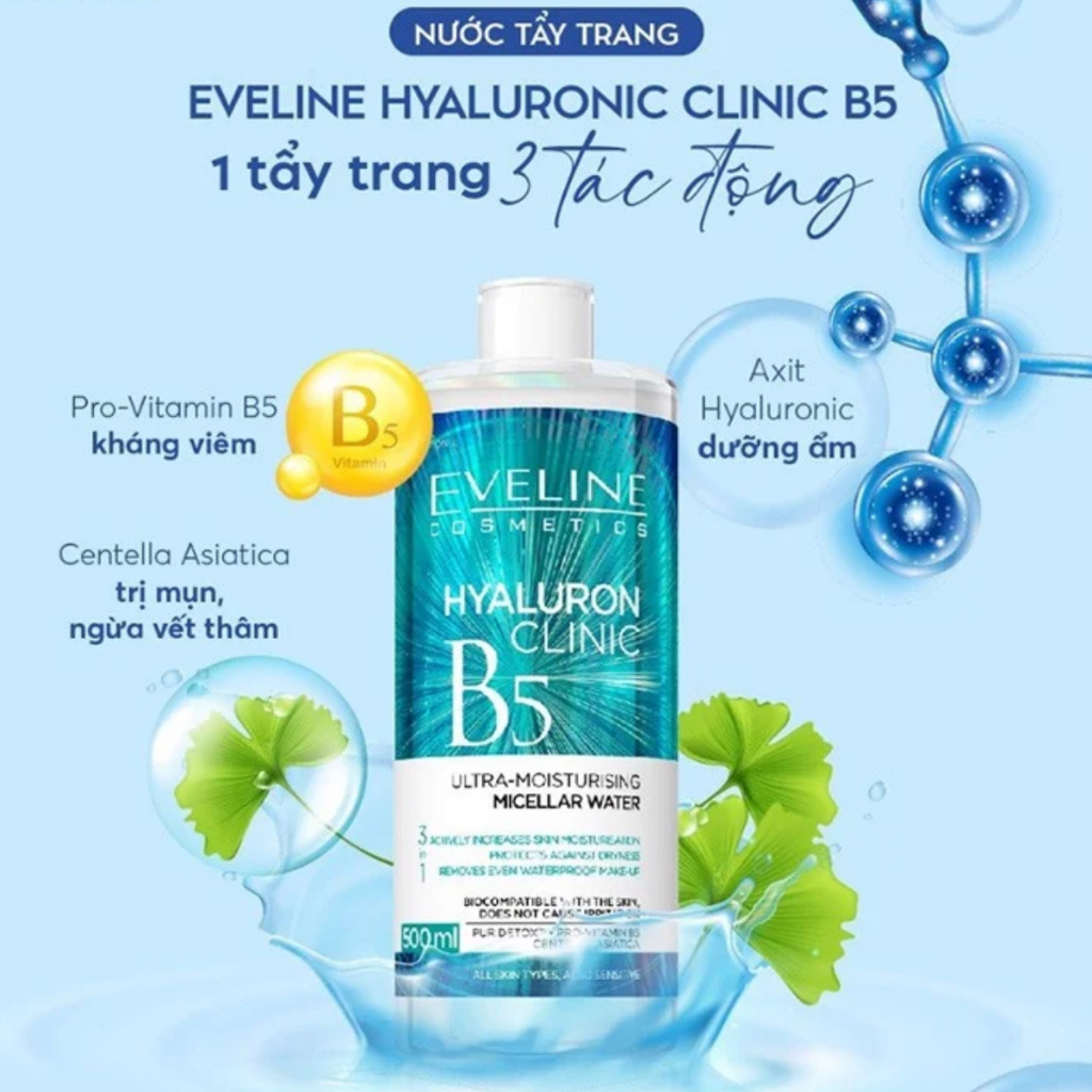 Nước Tẩy Trang Eveline Hyaluron Clinic B5 Ultra Moisturising Micellar Water 500ml