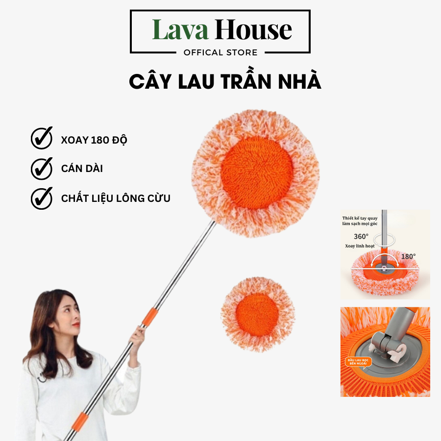 Chổi quét trần nhà, cây lau trần nhà, chổi lau nhà hình hoa hướng dương đa năng xoay 180 độ cán inox dài 180cm