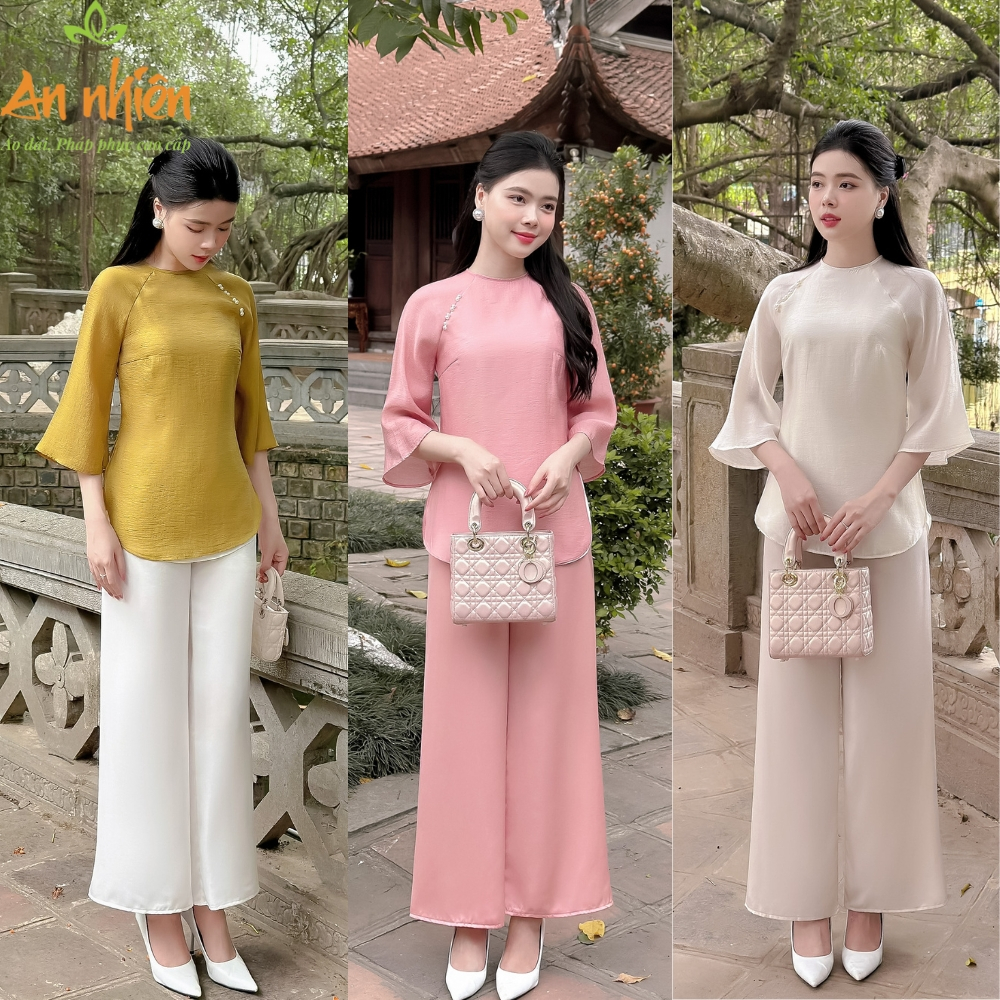 Pháp phục đi chùa, đồ lam đi chùa chất liệu tơ crep có 3 màu hồng, trắng, xanh cốm - AN08