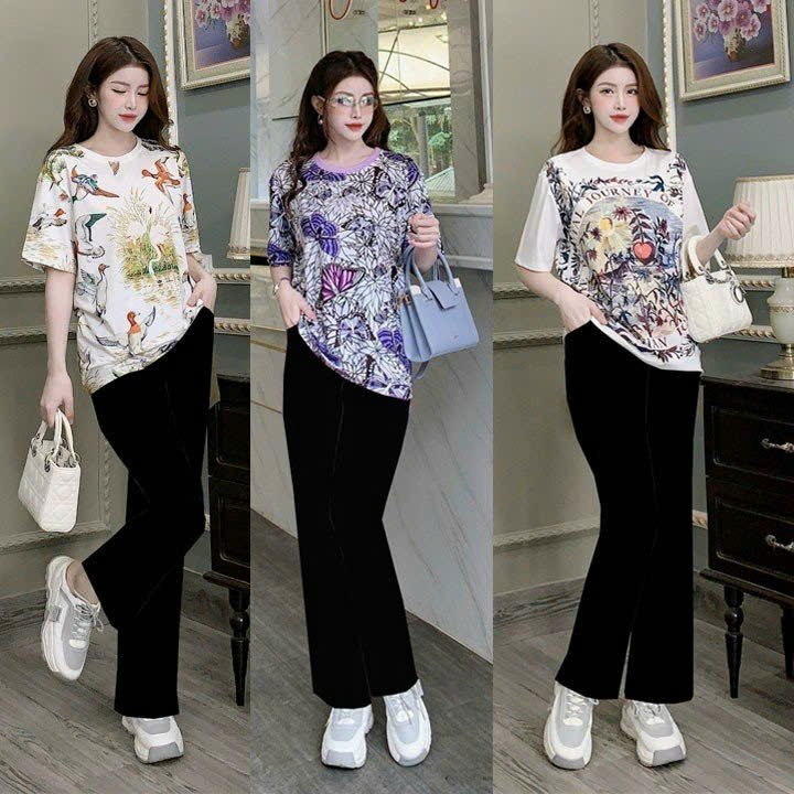 Bộ dài thể thao quần ống suông phom rộng áo phối 3D họa tiết dáng trẻ trung cá tính fom rộng ( Hàng xuất Nhật-Hàn)