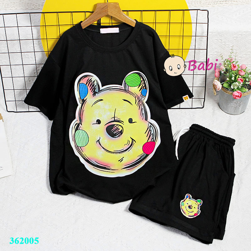 Bộ thun cotton in hình mặt gấu cười Cute mẹ và bé gái lớn, Set đồ bộ mặc nhà cho bé gái
