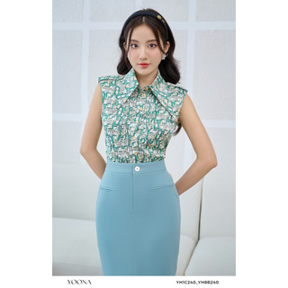Áo sơ mi lụa dáng croptop chữ xanh sát nách YOONA - YH1C240