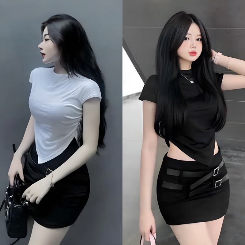 SET ÁO TAY NGẮN CỔ TRÒN VẠT NHỌN PHỐI CHÂN VÁY ÔM 2 BETL
