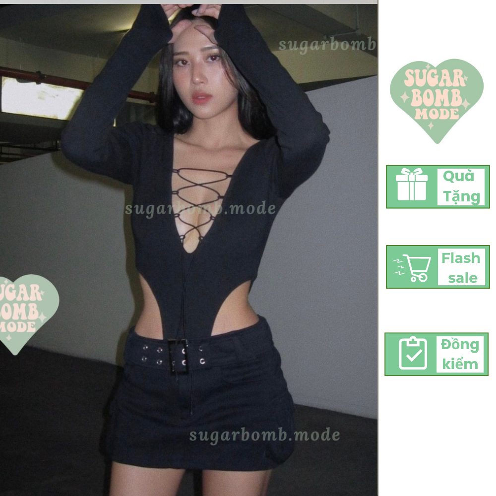 Set Đồ Nữ Đi Chơi Sang Chảnh Áo Croptop Tay Dài Dây Chéo Chân Váy Ngắn Đen Rút Dây Tôn Dáng Ôm Body Sugarbomb.mode