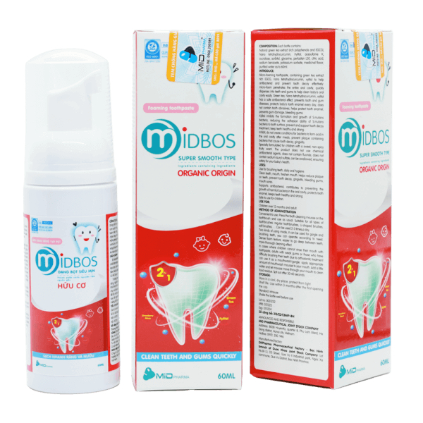 Kem Đánh Răng Hữu Cơ Dạng Bọt Midbos Cho Bé Từ 1 Tuổi, Ngăn Ngừa Sâu Răng, Thơm Miệng, Giảm Mảng Bám Ố Vàng, Trắng Răng
