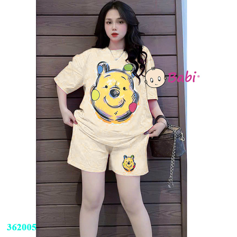Bộ thun cotton in hình mặt gấu cười Cute mẹ và bé gái lớn, Set đồ bộ mặc nhà cho bé gái