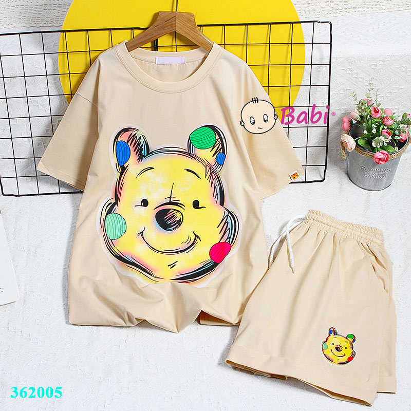 Bộ thun cotton in hình mặt gấu cười Cute mẹ và bé gái lớn, Set đồ bộ mặc nhà cho bé gái