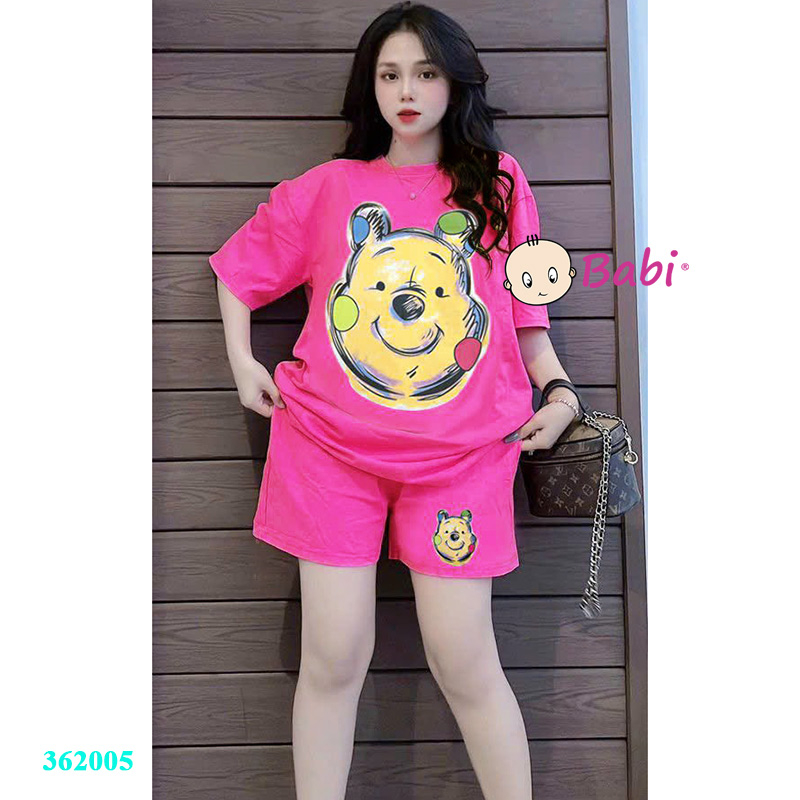 Bộ thun cotton in hình mặt gấu cười Cute mẹ và bé gái lớn, Set đồ bộ mặc nhà cho bé gái