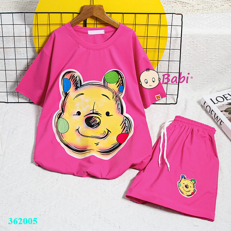 Bộ thun cotton in hình mặt gấu cười Cute mẹ và bé gái lớn, Set đồ bộ mặc nhà cho bé gái