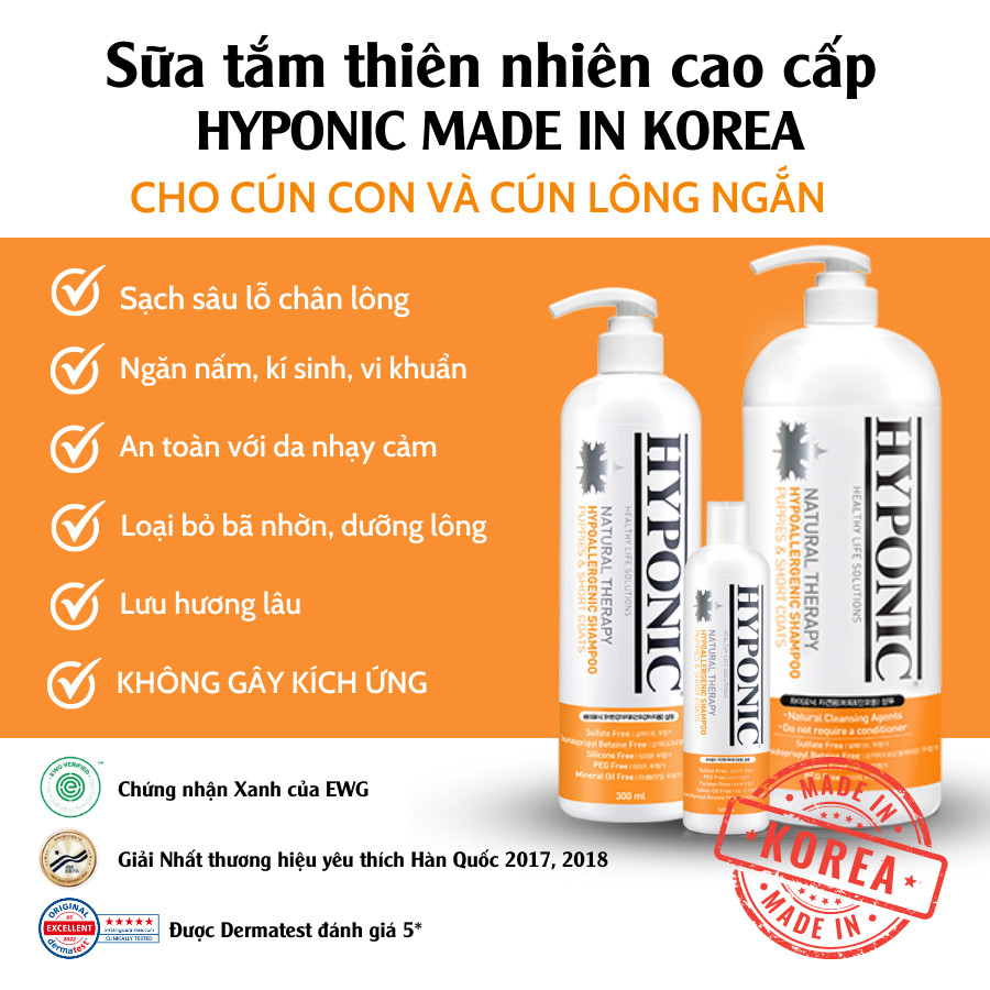 Sữa tắm cho chó cao cấp HYPONIC Hypoallergenic, dành cho chó con & chó lông ngắn