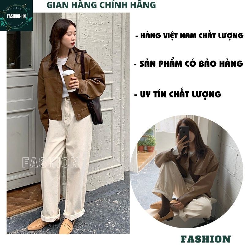 Áo khoác da trơn dài tay cổ bẻ cúc giữa màu nâu đen thời trang nữ cao cấp trẻ trung hiện đại FASHION AKD02