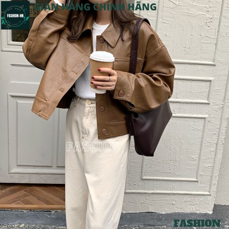 Áo khoác da trơn dài tay cổ bẻ cúc giữa màu nâu đen thời trang nữ cao cấp trẻ trung hiện đại FASHION AKD02