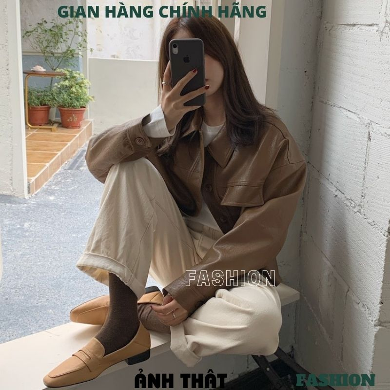 Áo khoác da trơn dài tay cổ bẻ cúc giữa màu nâu đen thời trang nữ cao cấp trẻ trung hiện đại FASHION AKD02