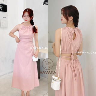 Váy maxi cổ tròn hở lưng dáng dài, đầm dáng dài khoét lưng H261