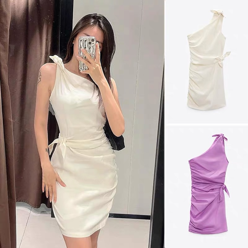 Đầm body thắt eo vai chéo ba màu zara xuất dư