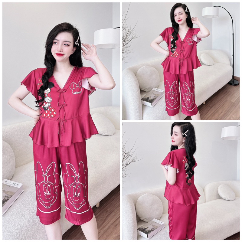 SP_126 Đồ bộ pijama BOLOBALA mặc nhà quần lửng áo tay cánh tiên đính 3 nơ chất lụa latin xịn , bảng màu mới