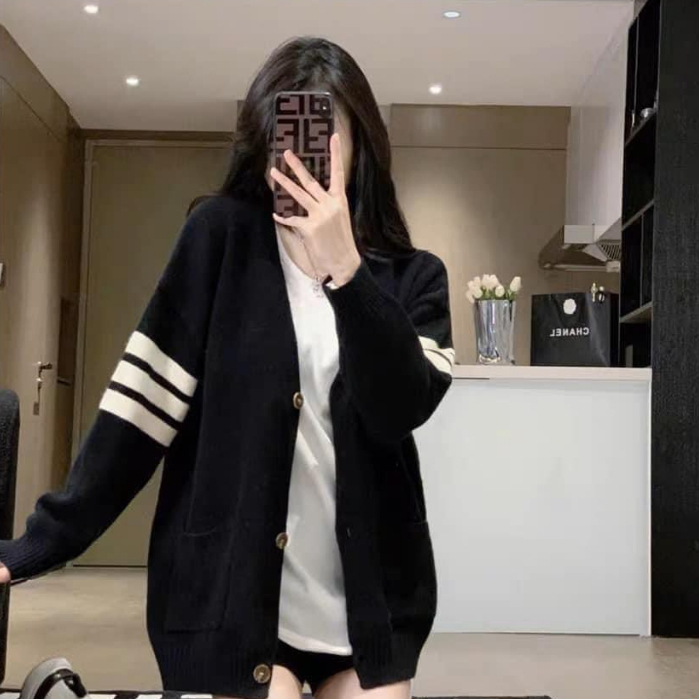 Áo khoác cardigan kiểu nữ viền sọc tay dài thome browne len dày dặn (od QC l1) -Tinahouse.2021