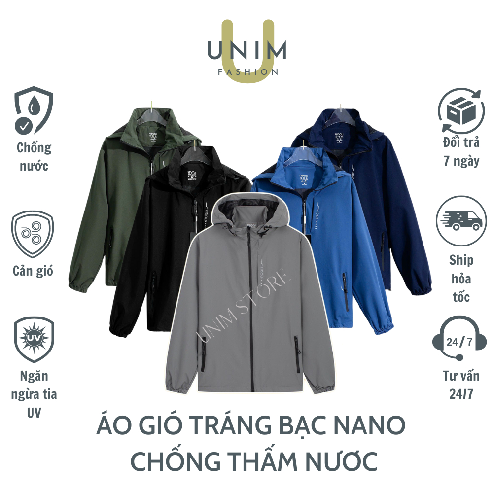 Áo Khoác Gió Chống Nước 2 Lớp Ngăn Ngừa Tia UV Unim Store Vải Tráng Bạc Cao Cấp Mũ Tháo Rời Bo Chun Tay - G06