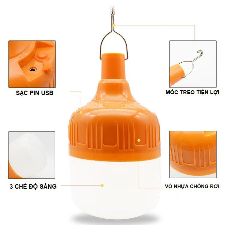 Bóng đèn LED sạc tích điện 100w có móc treo thông minh