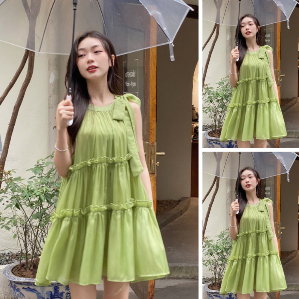 Đầm nữ cổ yếm cột nơ xinh dáng babydoll xòe tầng freesize tone màu xanh cốm siêu hot hit tôn dáng dành các nàng thơ
