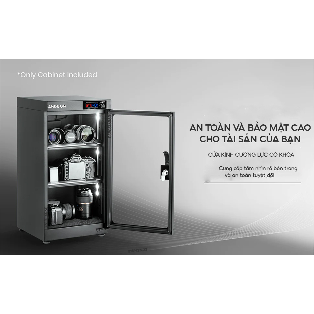 Tủ chống ẩm máy ảnh 50 Lít Andbon AD-50 nhập khẩu Nhật Bản, điều chỉnh cài đặt % độ ẩm 3 ngăn tiết kiệm điện dry cabinet