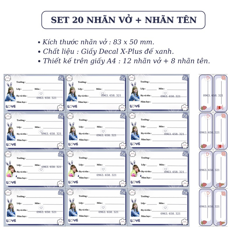 Set 20 nhãn vở 8.3x5.0cm kèm nhãn tên hồng Lisa Blackpink
