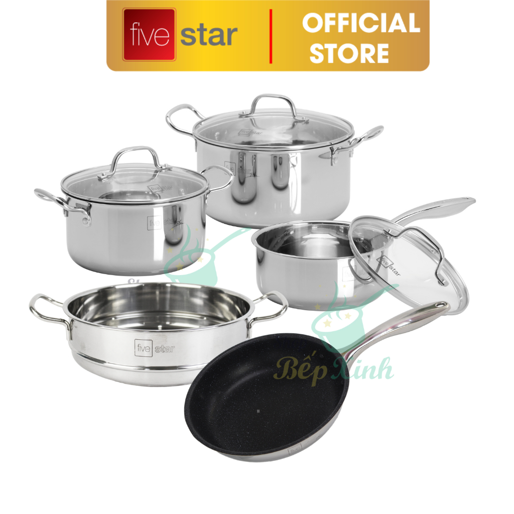 Bộ nồi inox bếp từ 3 lớp liền khối cao cấp Fivestar Plus FPB3002 nắp kính ( quánh 18cm - nồi 20cm - nồi 24cm )