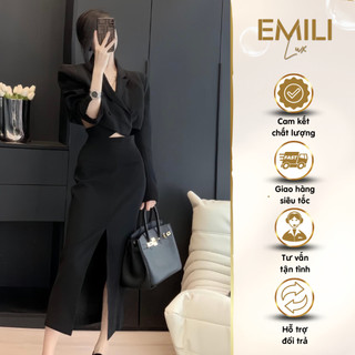 Set đầm vest Emili thiết kế áo dáng croptop độn vai mix cùng chân váy dài xẻ tà chất kaki chéo