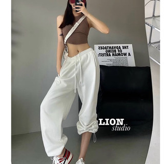 Quần kaki nữ ống rộng có day rút gấu cạp chun lưng cao