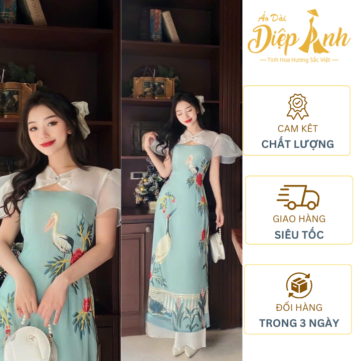 Áo dài cách tân tay bồng tiểu thư sang chảnh,chất vải tơ óng 4 tà - Áo dài Diệp Anh