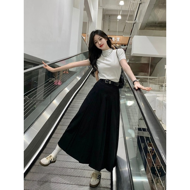 Chân Váy Dáng Dài Xếp Ly Hai Màu Đen Ghi TILAA SHOP