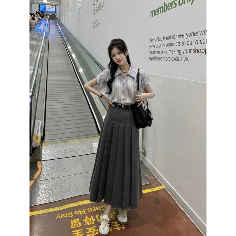 Chân Váy Dáng Dài Xếp Ly Hai Màu Đen Ghi TILAA SHOP