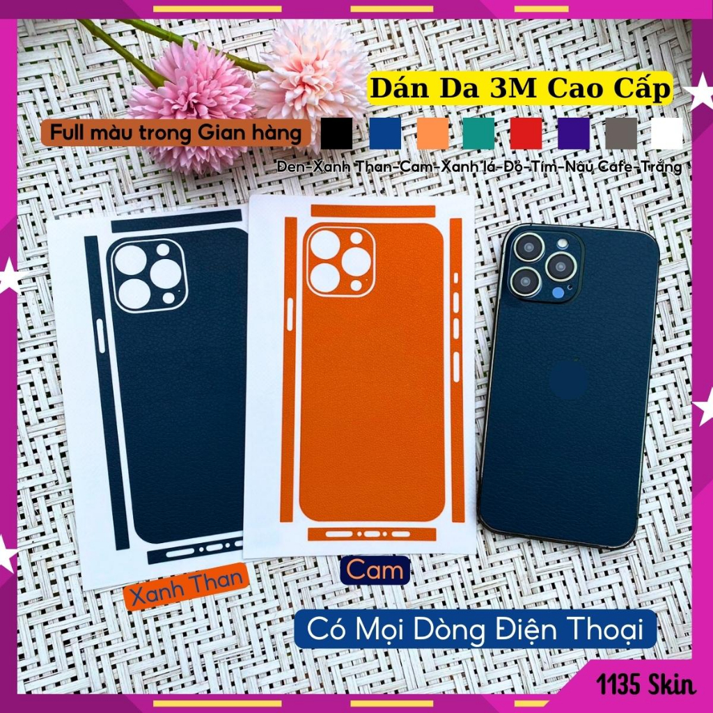 Dán lưng iphone full viền vân da 3M, Miếng dán điện thoại màu cam xanh than chống trầy có mọi dòng máy