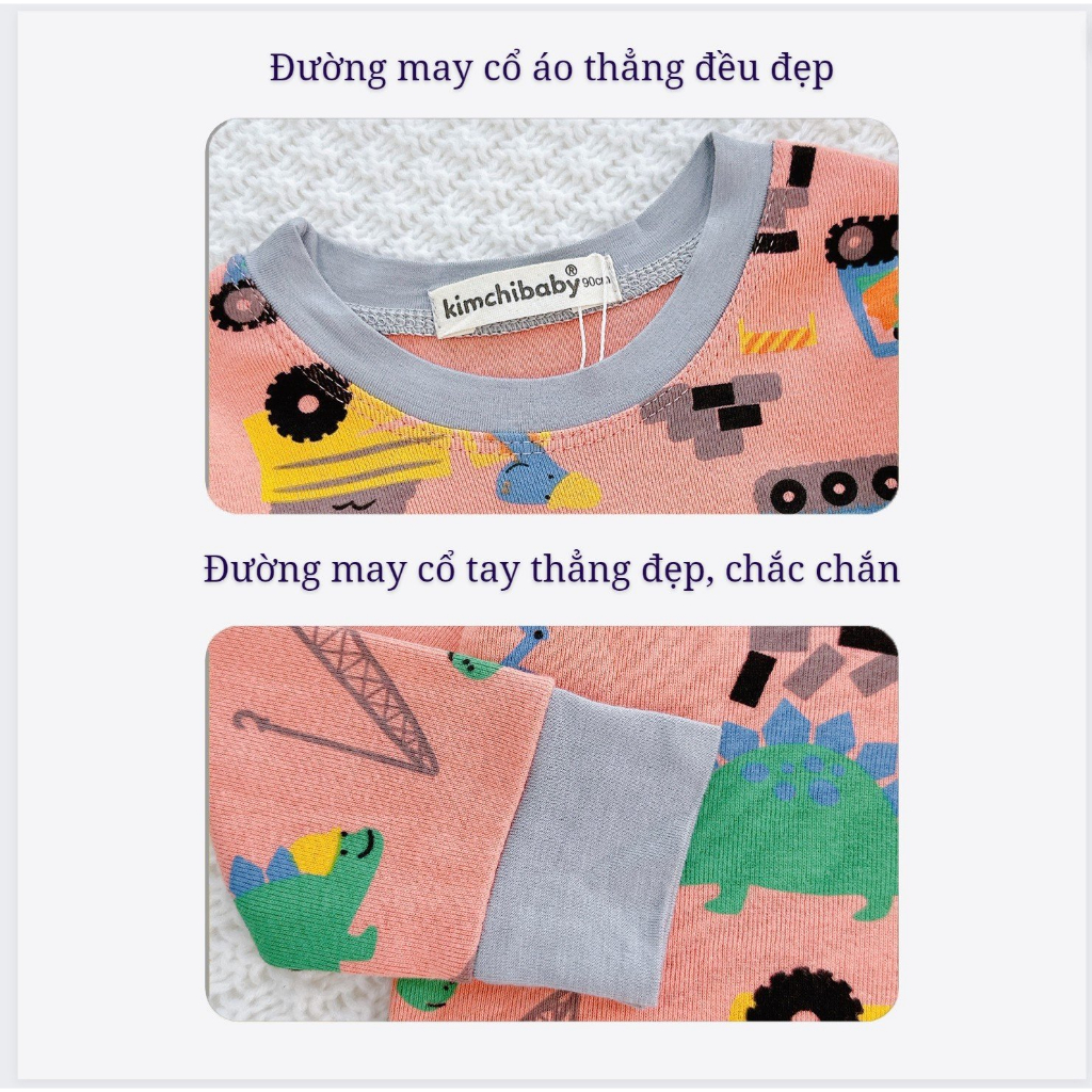 Bộ Dài Tay Bé Trai KIMCHIBABY Vải Cotton Borip Dư Xịn Hoạ Tiết Khủng Long, Đồ Bộ Cho Bé Mặc Thu Đông KCTD303