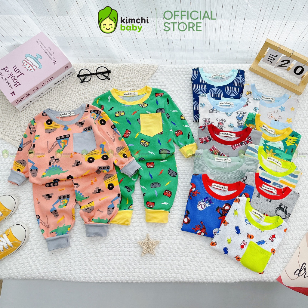 Bộ Dài Tay Bé Trai KIMCHIBABY Vải Cotton Borip Dư Xịn Hoạ Tiết Khủng Long, Đồ Bộ Cho Bé Mặc Thu Đông KCTD303