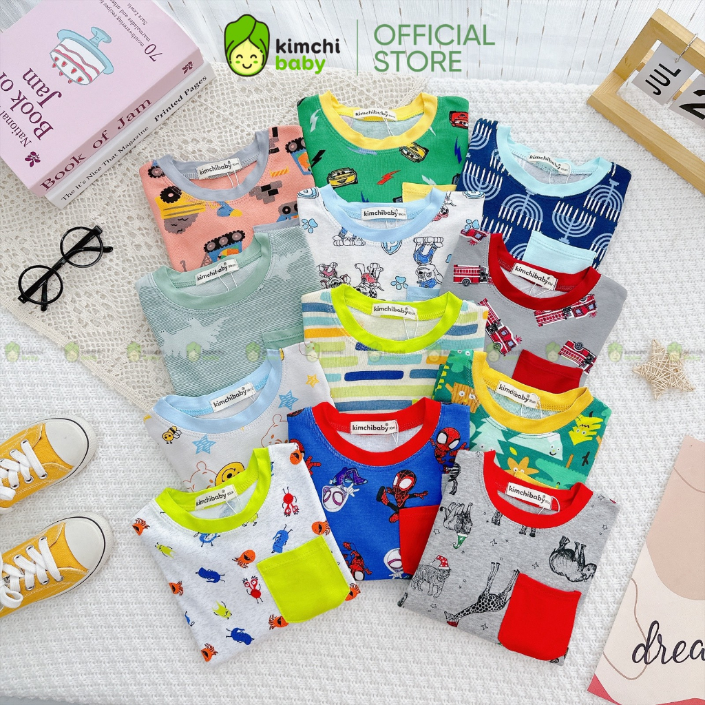 Bộ Dài Tay Bé Trai KIMCHIBABY Vải Cotton Borip Dư Xịn Hoạ Tiết Khủng Long, Đồ Bộ Cho Bé Mặc Thu Đông KCTD303