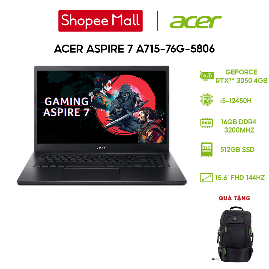 Laptop Acer Aspire 7 A715-76G-5806 i5-12450H|16GB|512GB|RTX™ 3050 4GB|15.6' | BigBuy360 - bigbuy360.vn