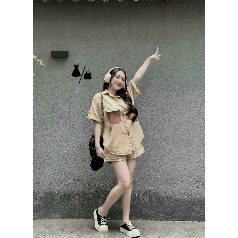 Sét Kaki Nữ Áo Phối Túi + Quần Sooc Free Sie Dưới 65kg