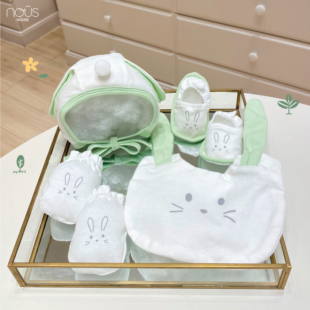 Set phụ kiện Nous - 1 mũ + yếm + đôi bao tay bao chân (newborn / sơ sinh / NB)