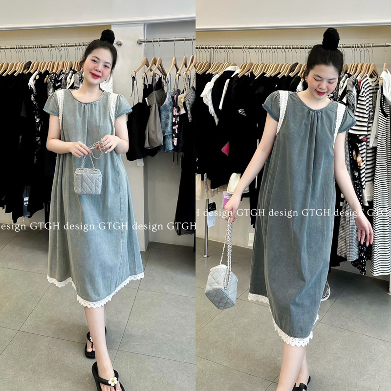 Váy xuông bò mềm tay viền ren tiểu thư