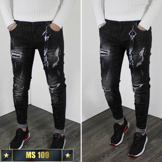 Quần jean nam chất bò co giãn- đen rách hình thật shop chụp PN ms109