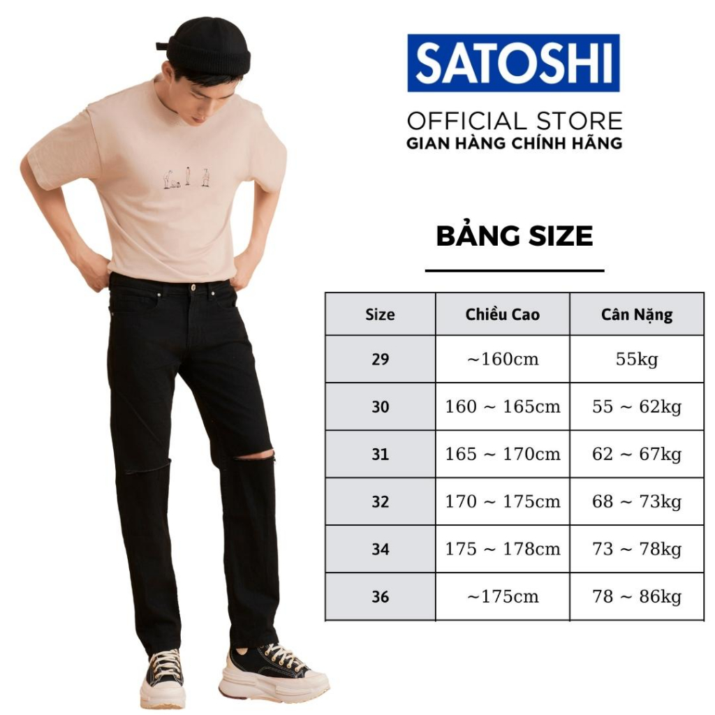 Quần jean nam Satoshi SAQJ32 dáng vừa màu đen rách gối chất jean co giãn nhẹ mặc thoải mái