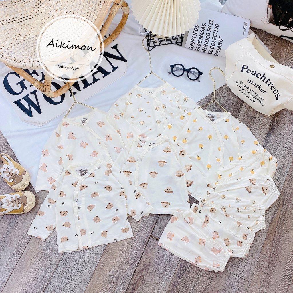 Bộ sơ sinh dài tay Petit thun lạnh AKM mềm mại cúc lệch họa tiết đáng yêu cho bé từ 3-9kg