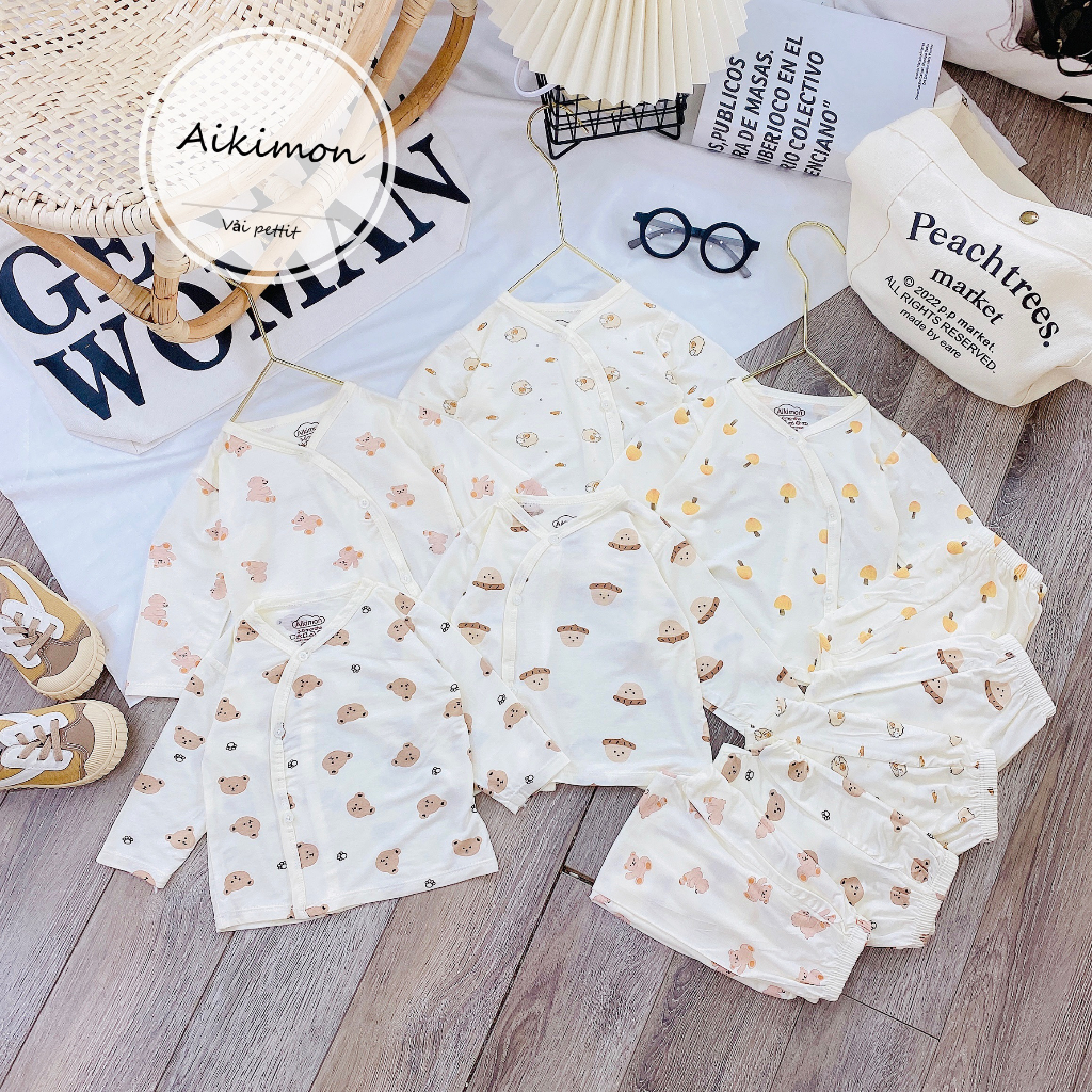 Bộ sơ sinh dài tay Petit thun lạnh AKM mềm mại cúc lệch họa tiết đáng yêu cho bé từ 3-9kg