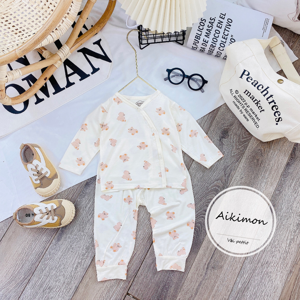 Bộ sơ sinh dài tay Petit thun lạnh AKM mềm mại cúc lệch họa tiết đáng yêu cho bé từ 3-9kg