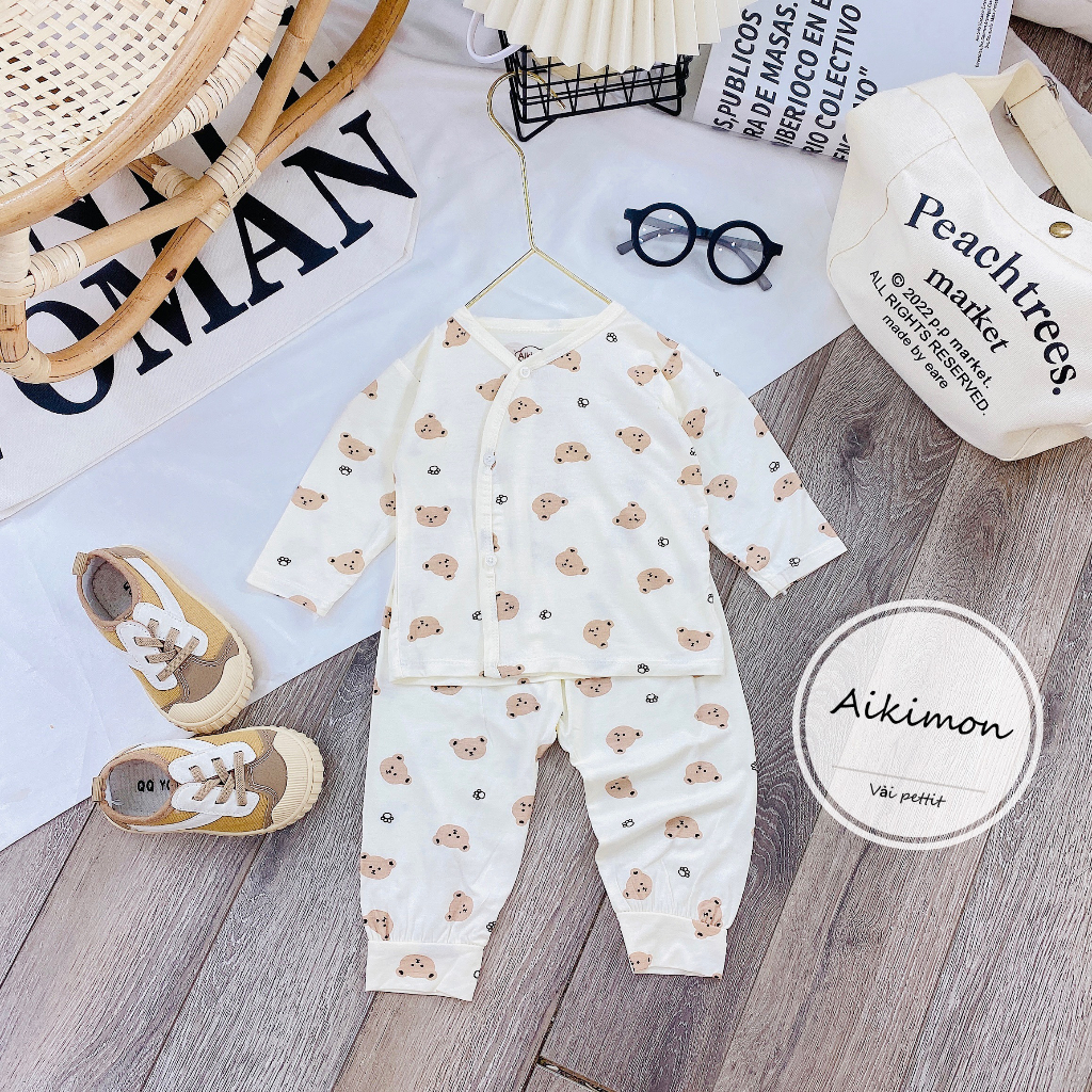 Bộ sơ sinh dài tay Petit thun lạnh AKM mềm mại cúc lệch họa tiết đáng yêu cho bé từ 3-9kg